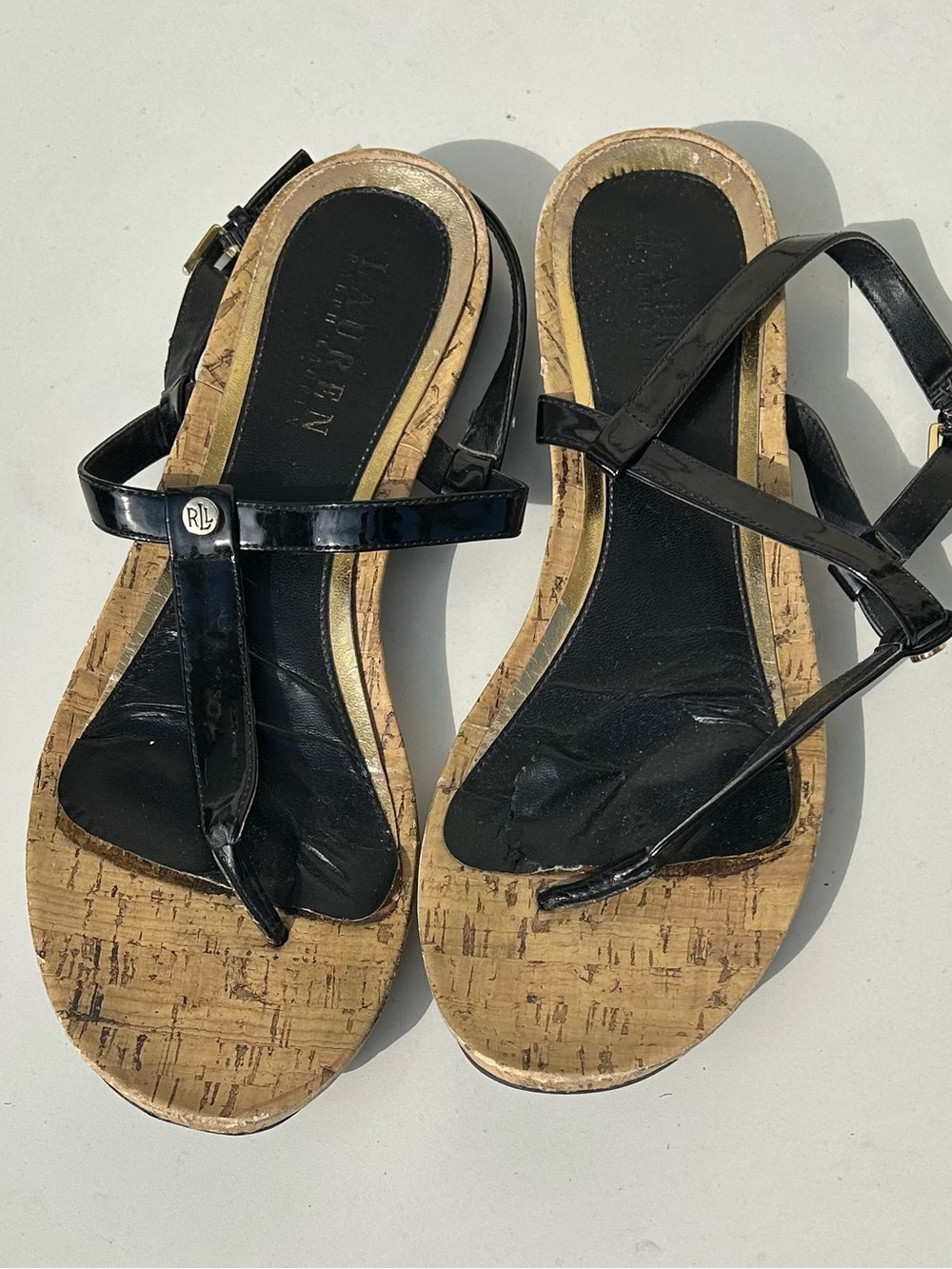 Ralph Lauren Black Patent Cork-Trim Thong Sandals